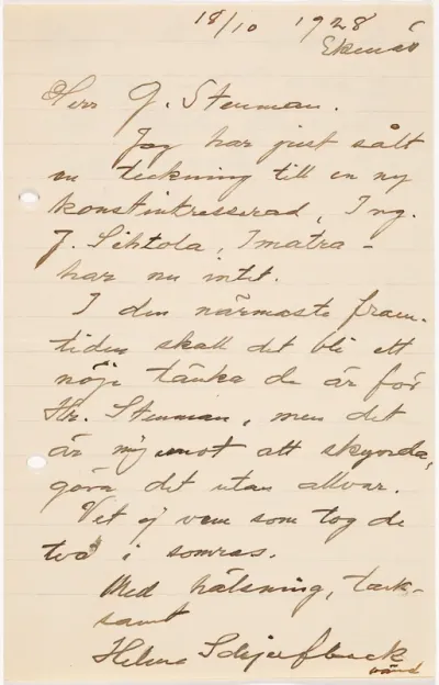 Helene Schjerfbeck's letter to Gösta Stenman 18.10.1928