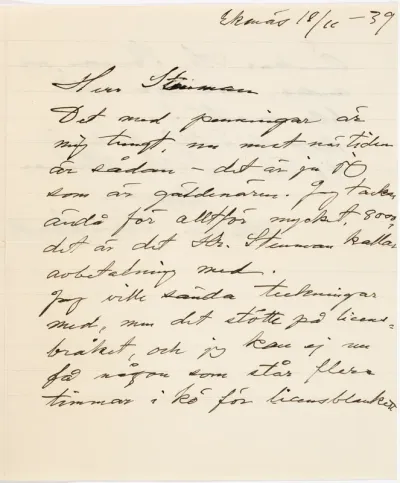 Helene Schjerfbeck's letter to Gösta Stenman 18.11.1939