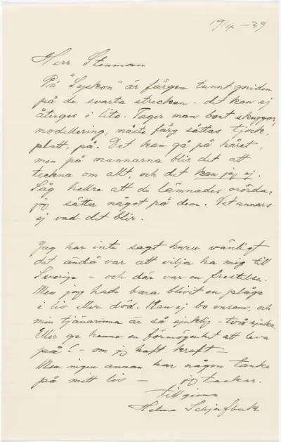 Helene Schjerfbeck's letter to Gösta Stenman 19.04.1939