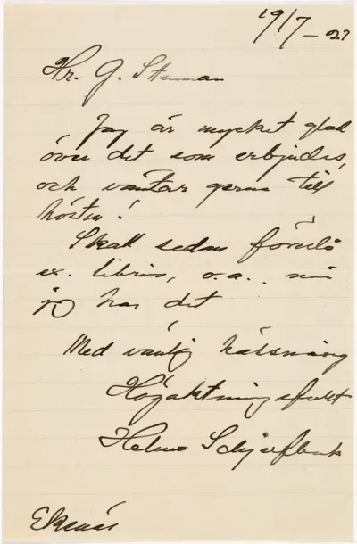 Helene Schjerfbeck's letter to Gösta Stenman 19.07.1927