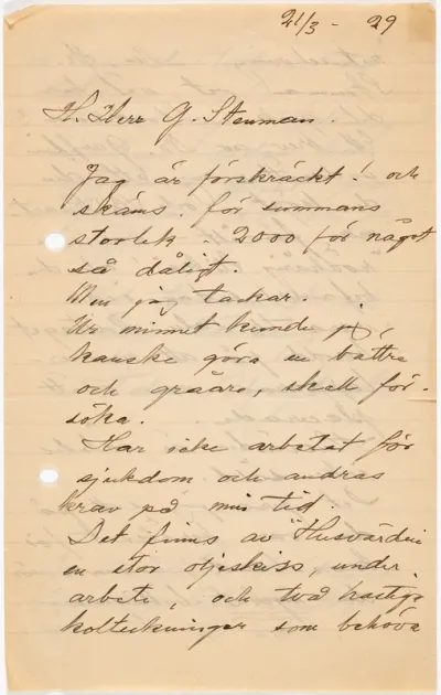 Helene Schjerfbeck's letter to Gösta Stenman 21.03.1929
