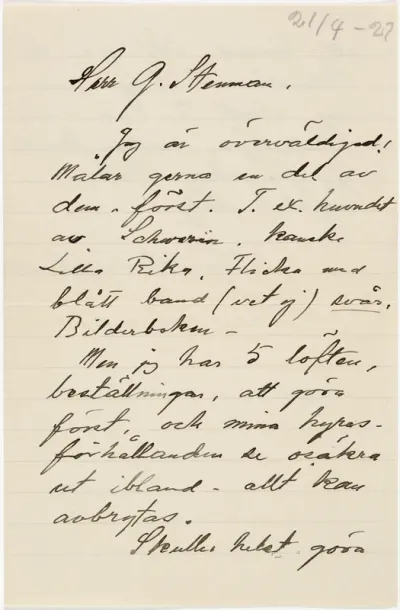 Helene Schjerfbeck's letter to Gösta Stenman [21.04.1927]
