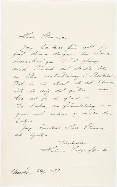 Helene Schjerfbeck's letter to Gösta Stenman 22.11.1939