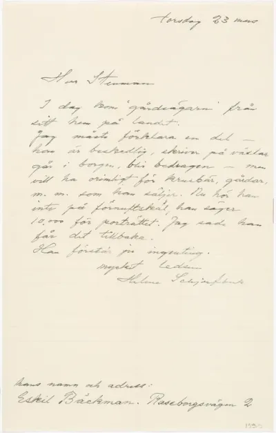 Helene Schjerfbeck's letter to Gösta Stenman 23.03.1939