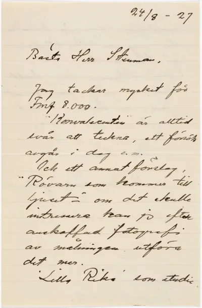 Helene Schjerfbeck's letter to Gösta Stenman 24.08.1927