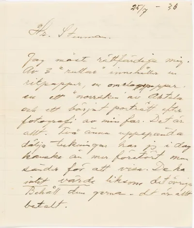 Helene Schjerfbeck's letter to Gösta Stenman 25.07.1936