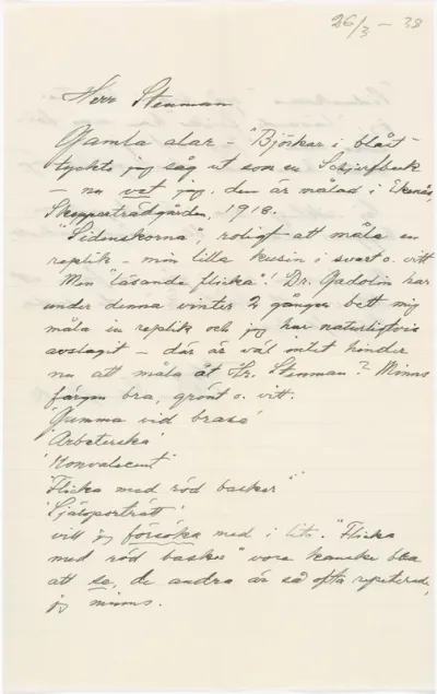 Helene Schjerfbeck's letter to Gösta Stenman 26.03.1938
