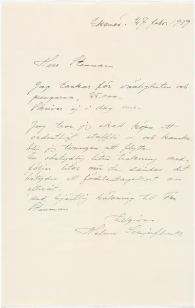 Helene Schjerfbeck's letter to Gösta Stenman 27.02.1939