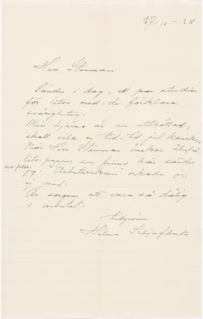 Helene Schjerfbeck's letter to Gösta Stenman 27.10.1938