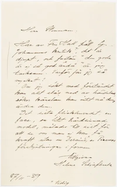Helene Schjerfbeck's letter to Gösta Stenman 27.11.1939