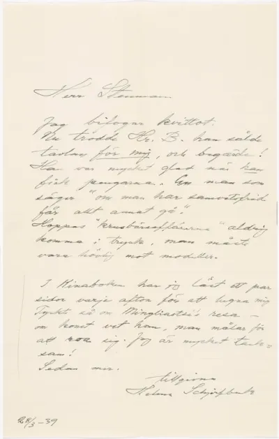 Helene Schjerfbeck's letter to Gösta Stenman 28.03.1939