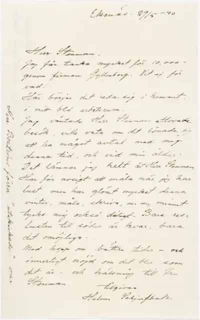 Helene Schjerfbeck's letter to Gösta Stenman 29.05.1940