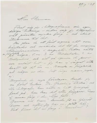 Helene Schjerfbeck's letter to Gösta Stenman 29.07.1938