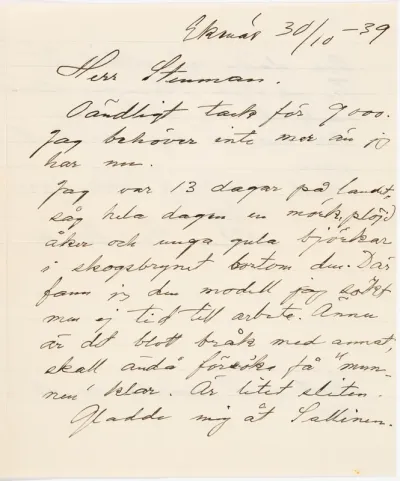 Helene Schjerfbeck's letter to Gösta Stenman 30.10.1939