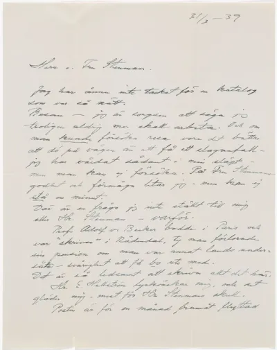 Helene Schjerfbeck's letter to Gösta Stenman 31.03.1939