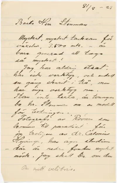 Helene Schjerfbeck's letter to Gösta Stenman 31.08.1927