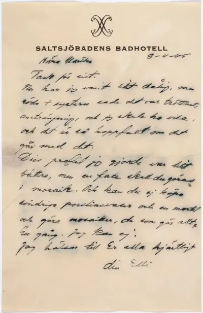 Helene Schjerfbeck's letter to Martha Neiglick-Platonoff 08.04.1945