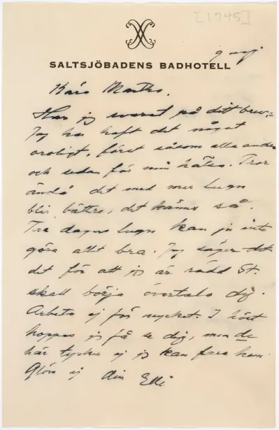 Helene Schjerfbeck's letter to Martha Neiglick-Platonoff 09.05.1945