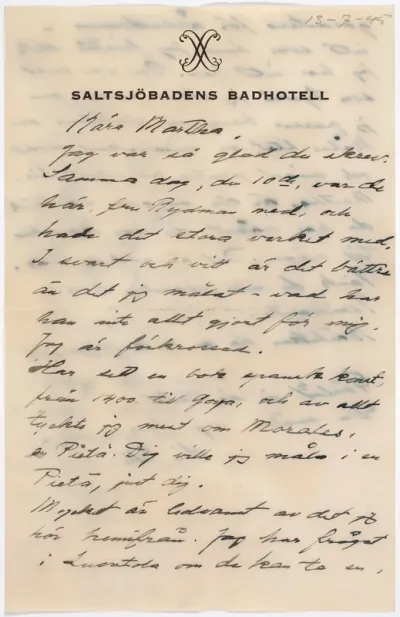 Helene Schjerfbeck's letter to Martha Neiglick-Platonoff 13.07.1945