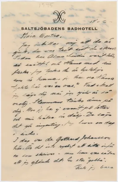 Helene Schjerfbeck's letter to Martha Neiglick-Platonoff 18.02.1945