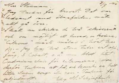 Helene Schjerfbeck's postcard to Gösta Stenman 08.07.1940