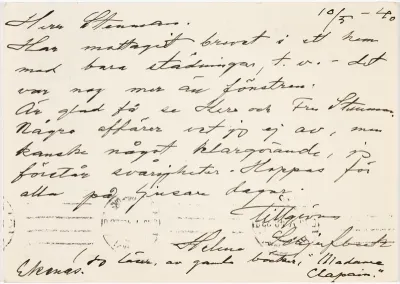 Helene Schjerfbeck's postcard to Gösta Stenman 10.05.1940