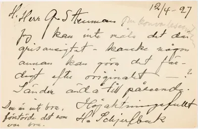 Helene Schjerfbeck's postcard to Gösta Stenman 12.04.1927
