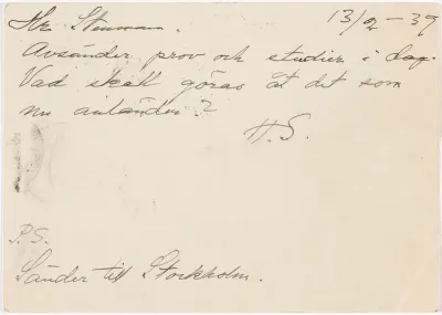 Helene Schjerfbeck's postcard to Gösta Stenman 13.02.1939