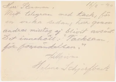 Helene Schjerfbeck's postcard to Gösta Stenman 16.02.1940