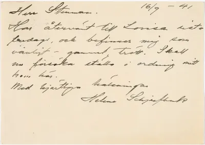 Helene Schjerfbeck's postcard to Gösta Stenman 16.09.1940