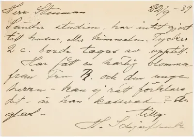 Helene Schjerfbeck's postcard to Gösta Stenman 22.09.1939