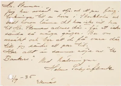 Helene Schjerfbeck's postcard to Gösta Stenman 23.09.1935
