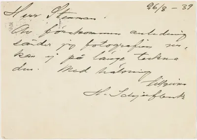 Helene Schjerfbeck's postcard to Gösta Stenman 26.08.1939