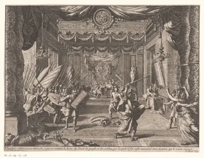 Heliogabalus door de senaat en de soldaten met zijn moeder vermoord