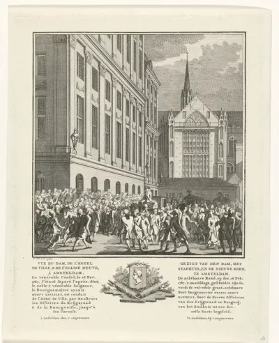 Hendrik Hooft Daniëlsz. wordt op de Dam te Amsterdam naar zijn koets begeleid, 26 februari 1787