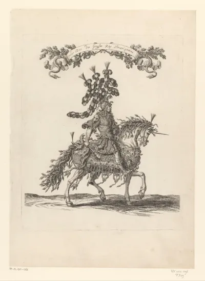 Hendrik II de Lorraine verkleed als wildeman op een paard verkleed als eenhoorn versierd met slangen