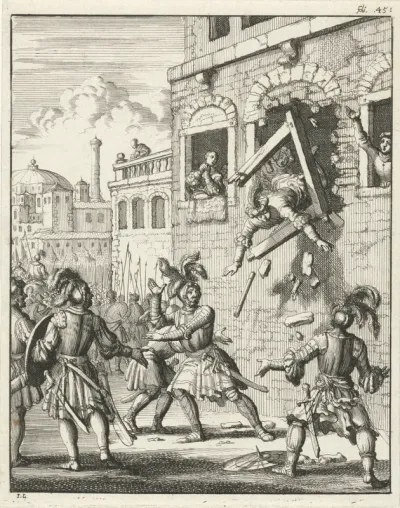 Hendrik II van Champagne stort omlaag door het losbreken van een vensterkozijn
