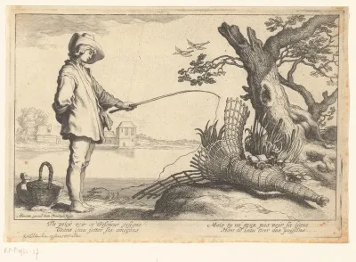 Hengelaar bij boom en fuik