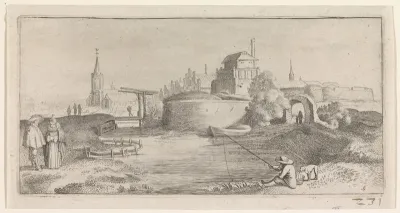 Hengelaar bij een versterkte stad