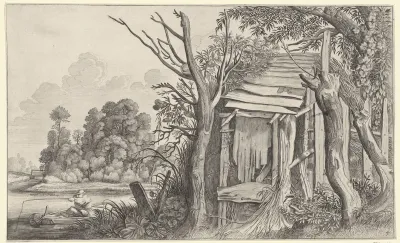 Hengelaar bij een vervallen hut in een landschap