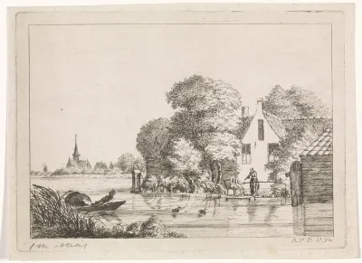 Hengelaar en een vrouw voor een huis
