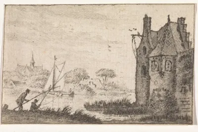 Hengelaars bij een versterkt huis aan een rivier