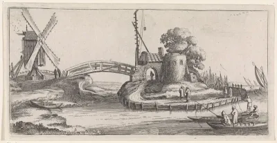 Hengelaars in boten bij een molen en een baken
