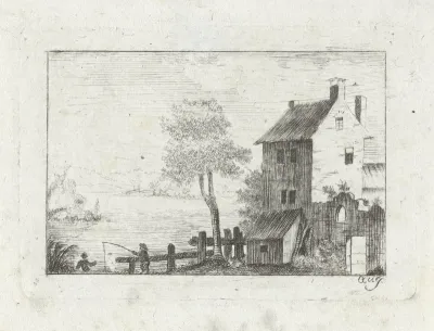 Hengelende man bij een huis
