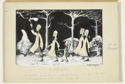 Henk, Anne, Hans, Noor en Elly marcheren door de sneeuw