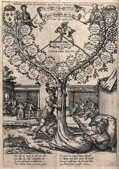 Henri Duc de Guise has his hand trapped in a split tree trunk when the two parts of the tree are brought together, contrary to Nature; the tree representing the family tree of the kings of France, which diverges into a Valois branch and a Bourbon (Na
