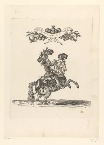 Henri-Jules de Bourbon te paard in fantasiekostuum, aangeduid als 'Roy des Indes'