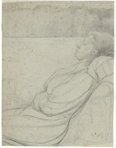Henriëtte Roland Holst-van der Schalk, liggend in een stoel