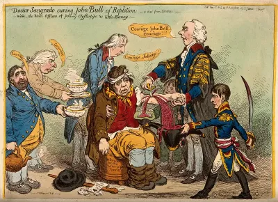 Henry Addington as a medical practitioner bleeding the exhausted John Bull, assisted by other politicians; representing Britain's strength being sapped by nepotism in politics and by war with Napoleon