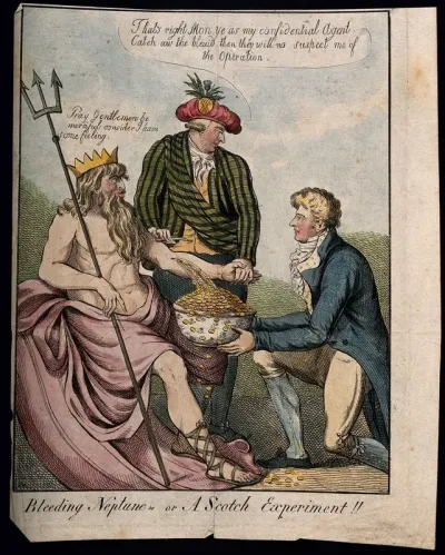 Henry Dundas, Viscount Melville (in Highland costume), bleeds Neptune while Alexander Trotter holds a bowl to catch the guineas which flow from the incision; representing Trotter's embezzlement of public funds and Melville 's alleged connivance